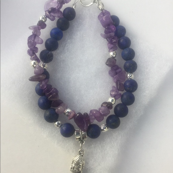 Lapis Lazuli Amethyst Sterling Buddha Bracelet - Picture 5 of 8